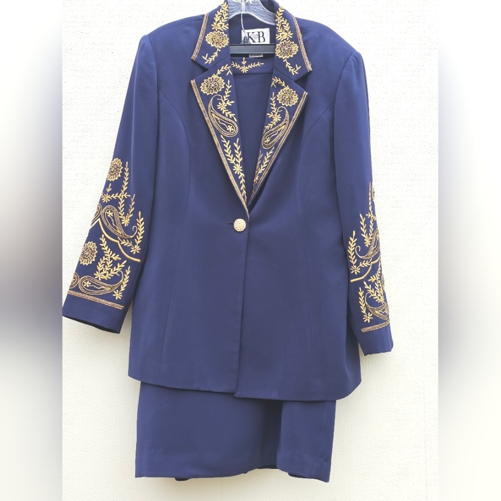 KB, Navy Blue and Gold, two piece suit. Size 16